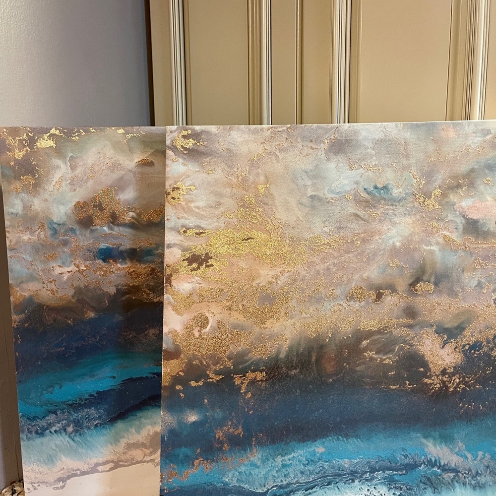 Abstract Ocean Wave Wall Art in Blue and Gold